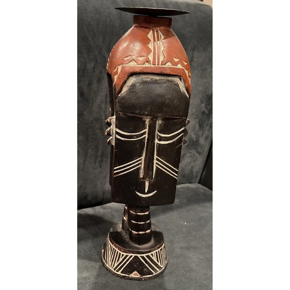 Tribal Wooden Mask Hand Carved Black & Red Bold Stands On Table